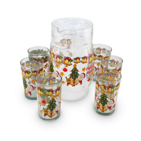 Jarra En Cristal 6 Vasos Adornados Con Motivos Navidenos