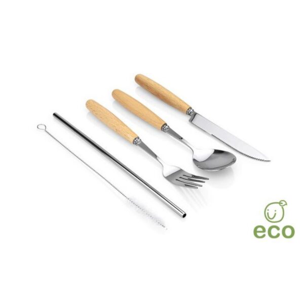 Set de Cubiertos en Acero Inoxidable con Mango en Bambú