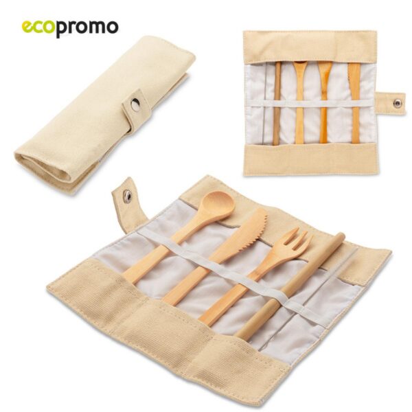 Set De 5 Cubiertos En Bambú Con Estuche Para cargar