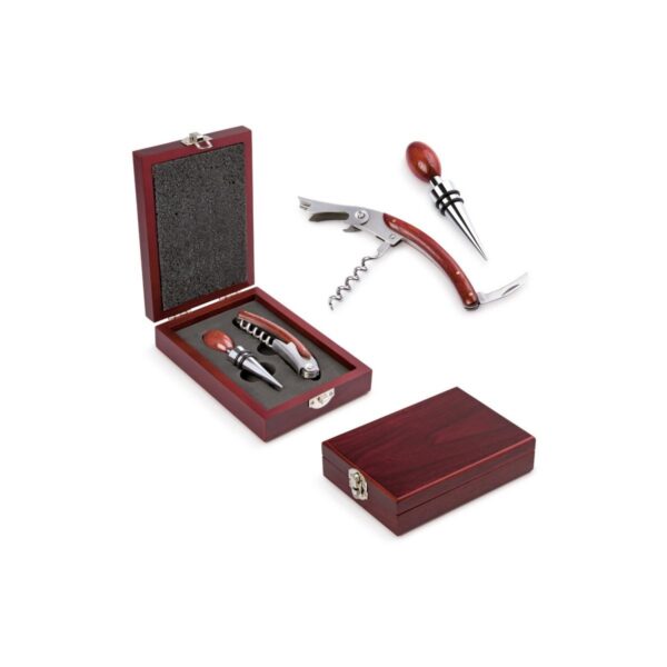 Caja De Madera 2 Accesorios Tapon Metalico Y Sacacorchos