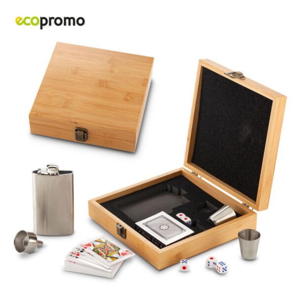 Set de Licorera Bambu Con Copas y Cartas