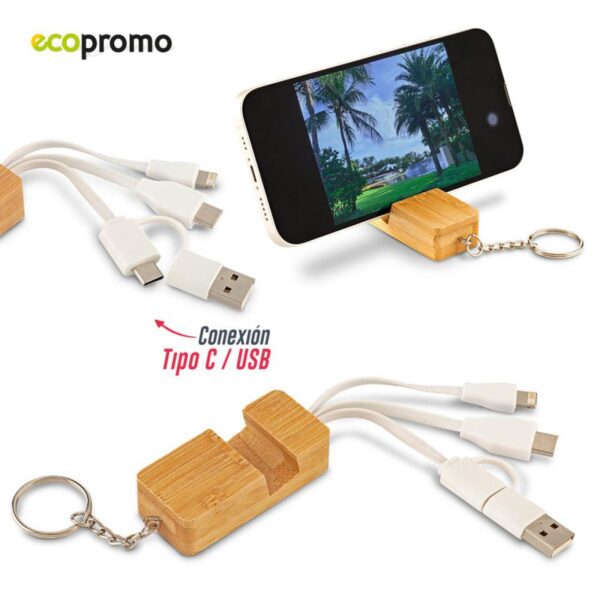Llavero Cable Multicargador 3 1 Bambú