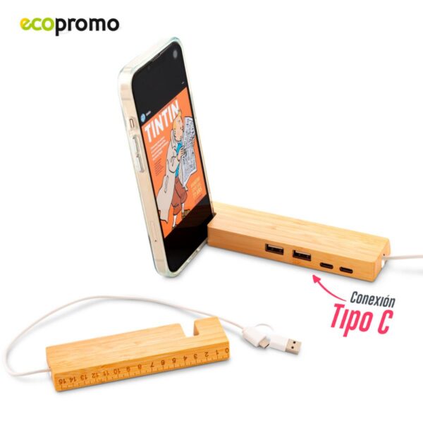 Puerto Usb Ruler Bamboo con Regla 15 cm Soporte Celular