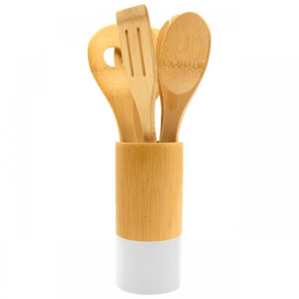 Set Utensilios Bambú 7 Piezas con Base Cilindrica
